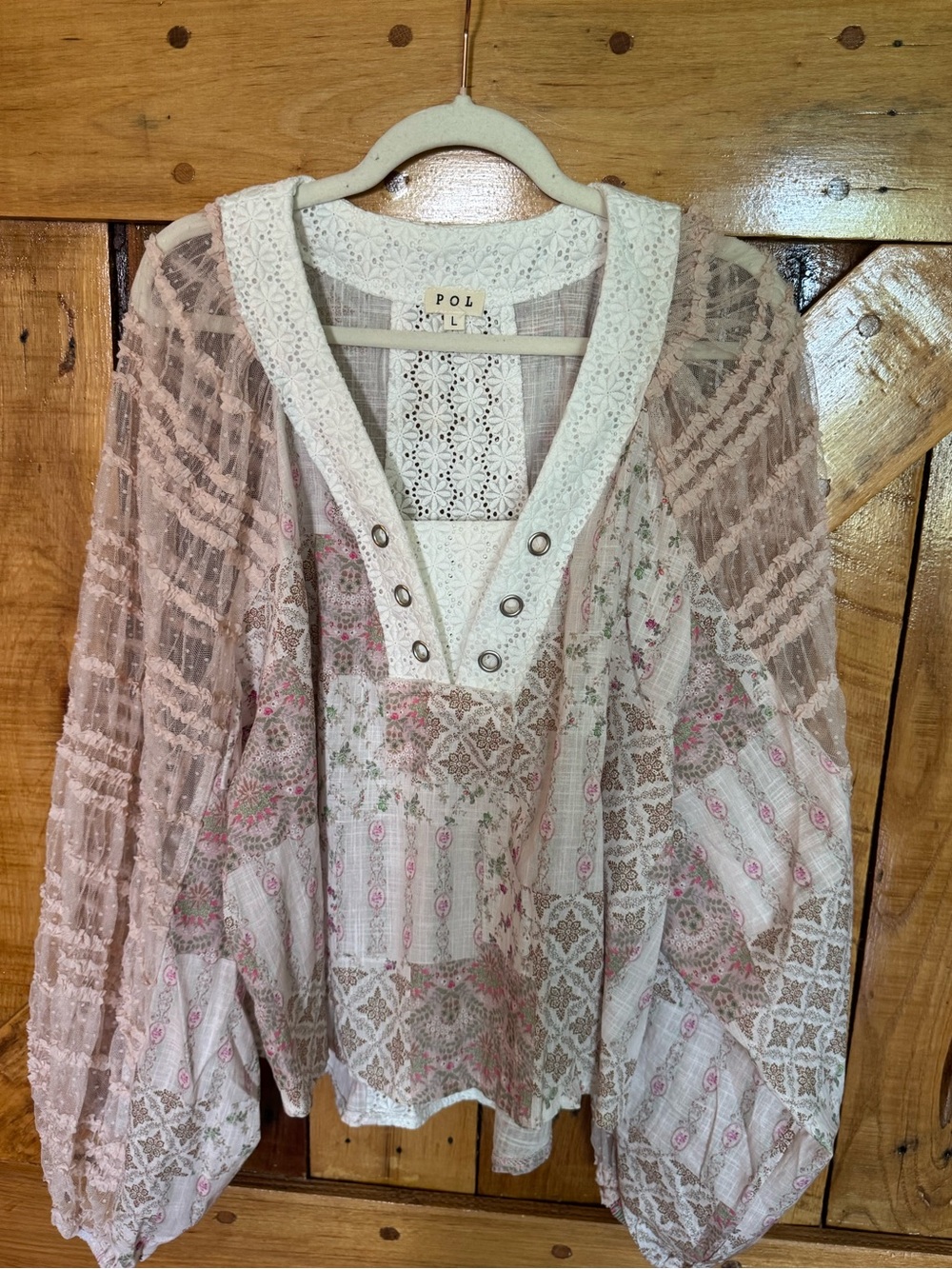 POL NWOT Lightweight Pink/White Floral Crochet-Trim Peasant Blouse
